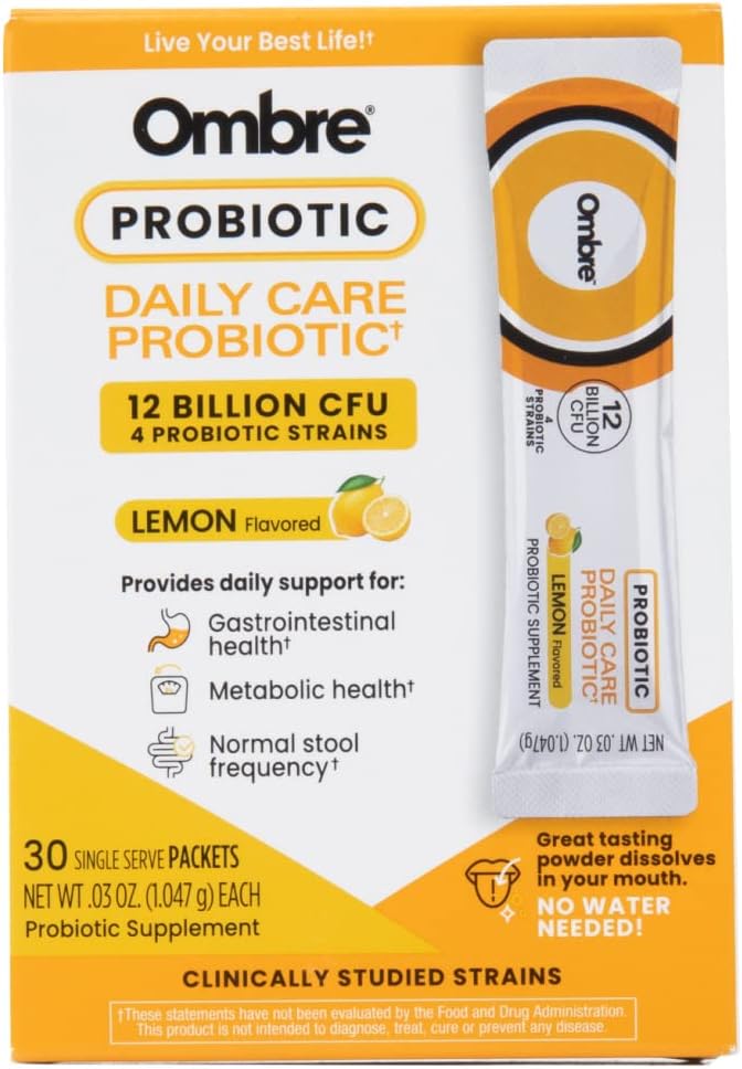 Lemon Flavored Ombre Daily Care Probiotic Powder - 30 Packets, 12 Billion CFU - Promotes Digestive Health for Women, Men, & Kids