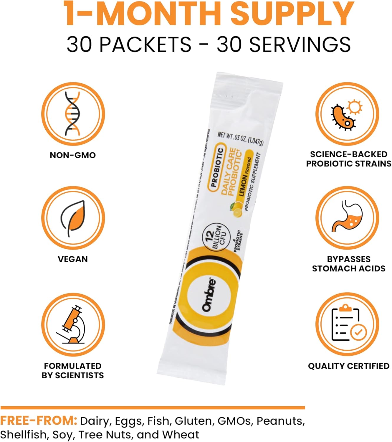 Lemon Flavored Ombre Daily Care Probiotic Powder - 30 Packets, 12 Billion CFU - Promotes Digestive Health for Women, Men, & Kids