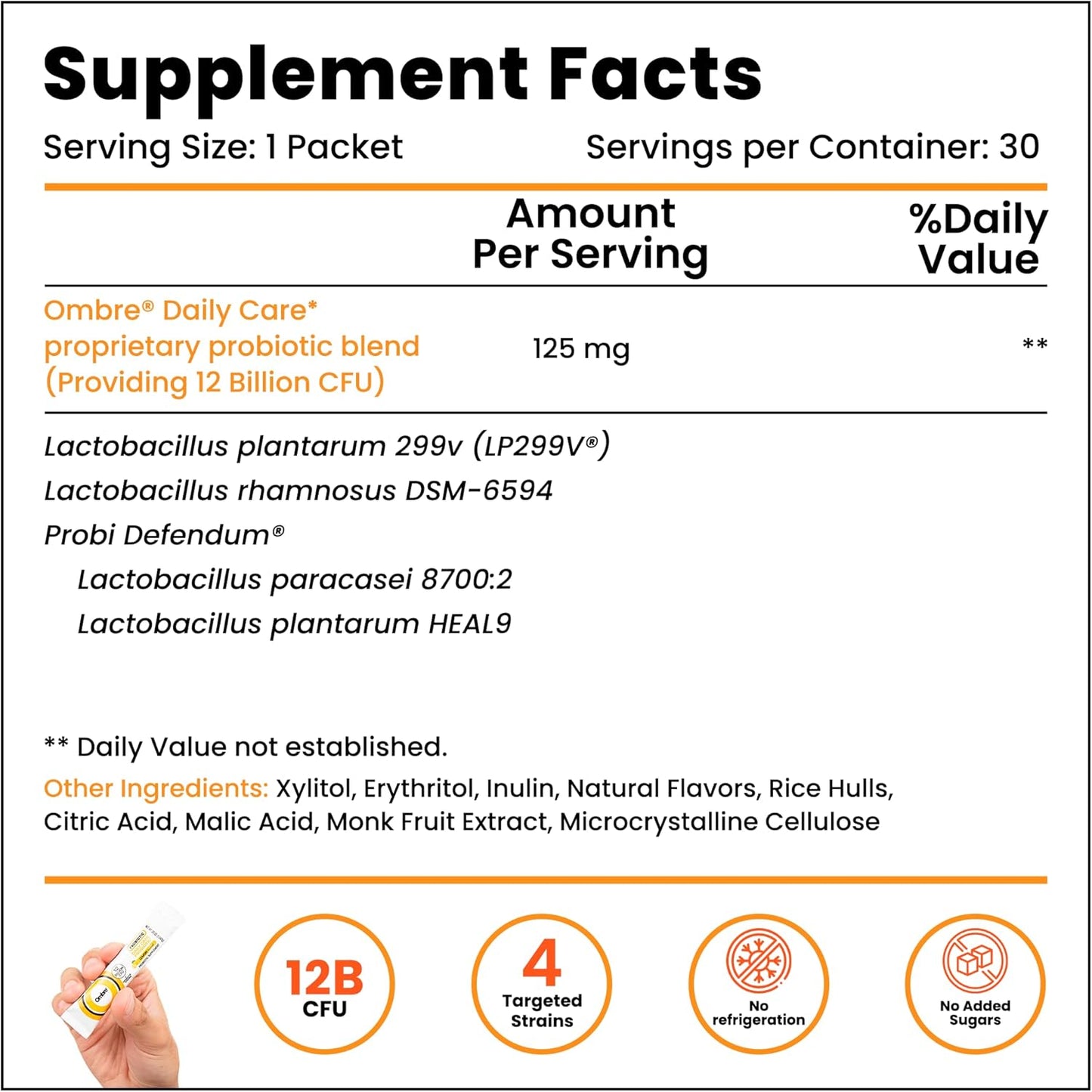 Lemon Flavored Ombre Daily Care Probiotic Powder - 30 Packets, 12 Billion CFU - Promotes Digestive Health for Women, Men, & Kids