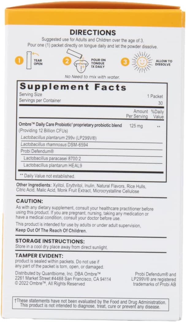 Lemon Flavored Ombre Daily Care Probiotic Powder - 30 Packets, 12 Billion CFU - Promotes Digestive Health for Women, Men, & Kids