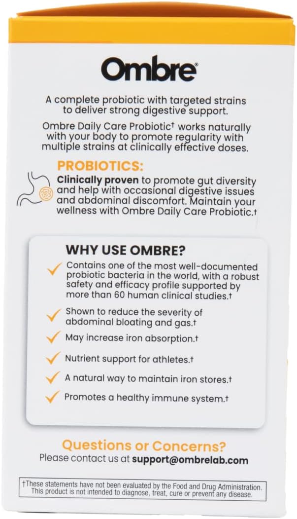 Lemon Flavored Ombre Daily Care Probiotic Powder - 30 Packets, 12 Billion CFU - Promotes Digestive Health for Women, Men, & Kids