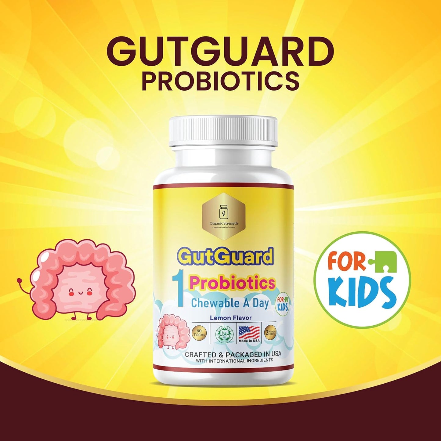 Lemon Flavored Organic Kids Probiotics for Ages 4-12 | Halal Children's Probiotic with Digestive Support | Promotes Gut Health and Wellness with 1 Daily Serving