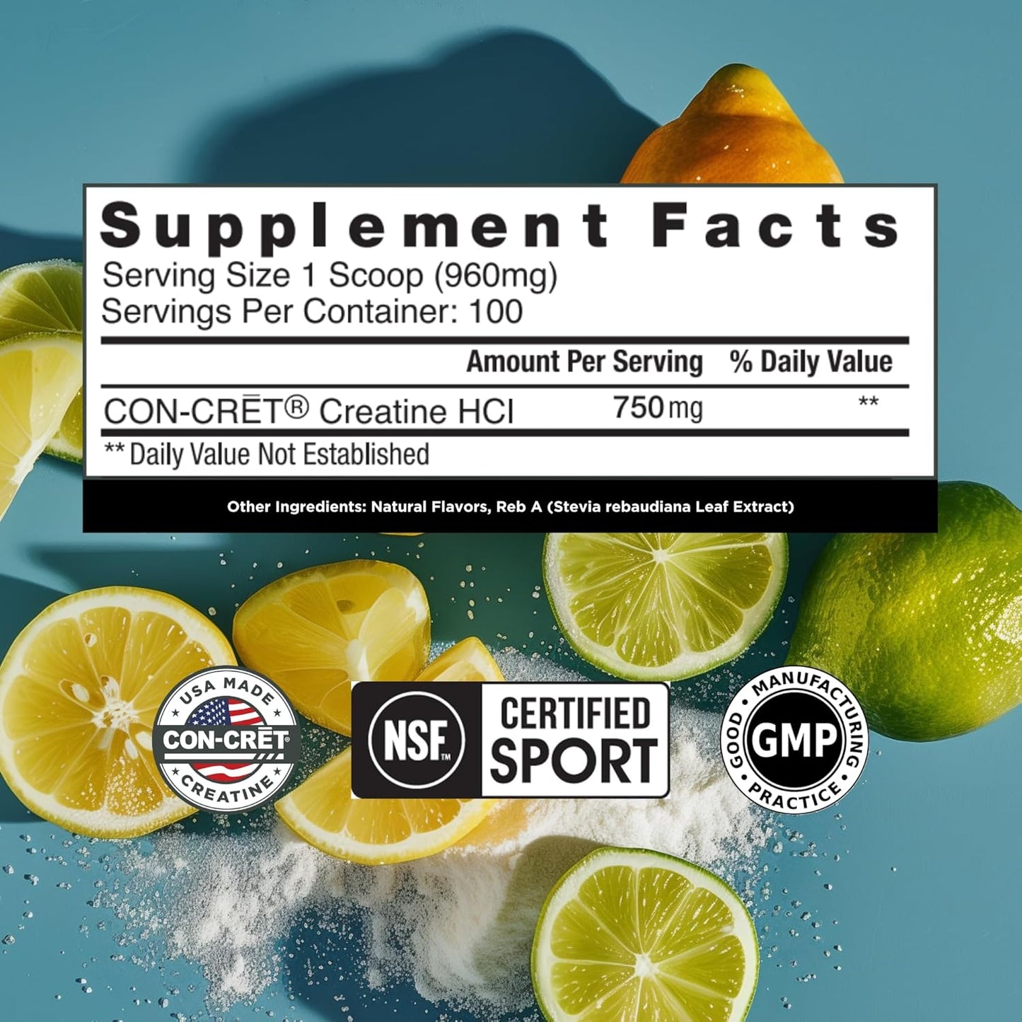 Lemon Lime CON-CRET Creatine HCl Powder for Muscle, Cognitive, and Cellular Energy Support - USA Made & NSF Certified, 100 Servings