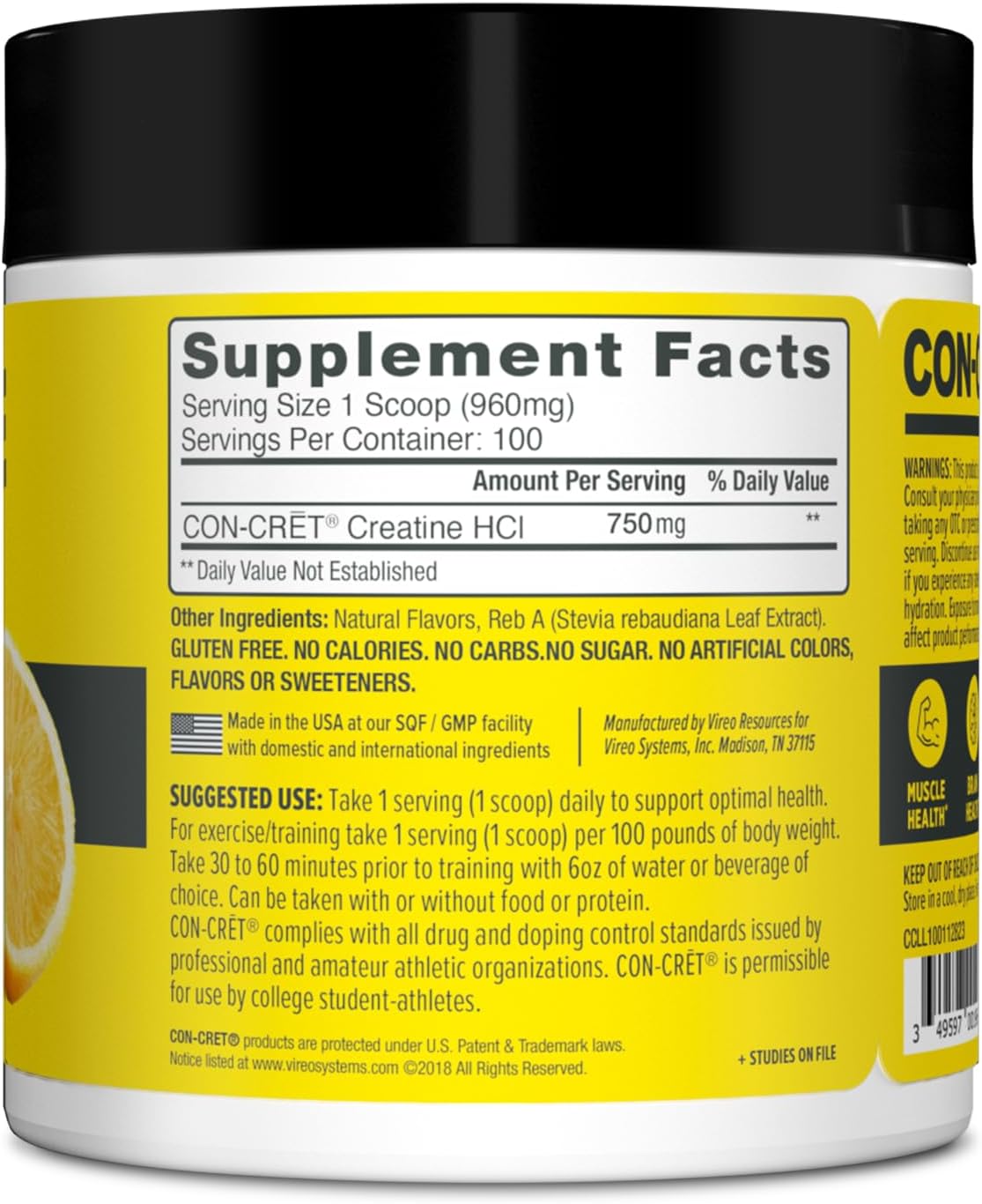 Lemon Lime CON-CRET Creatine HCl Powder for Muscle, Cognitive, and Cellular Energy Support - USA Made & NSF Certified, 100 Servings