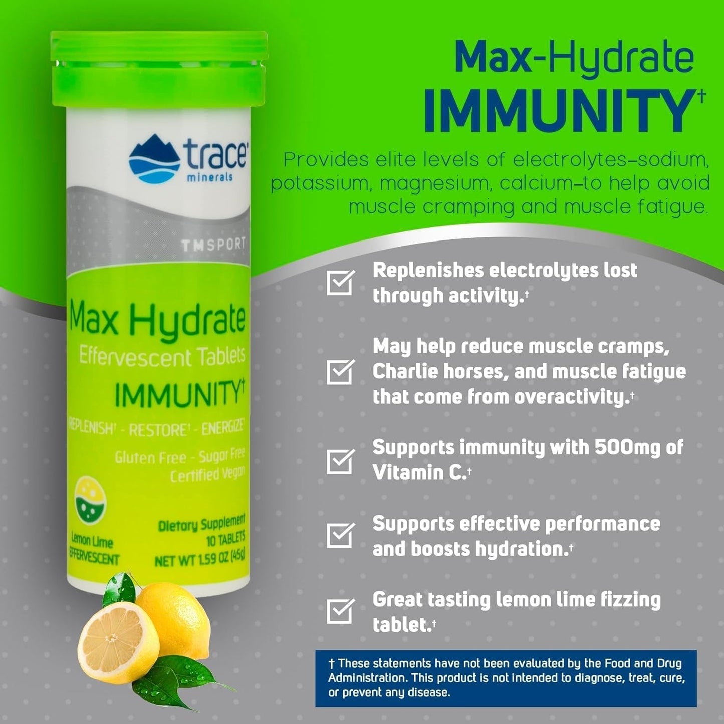 Lemon Lime Electrolyte Drink Supplement for Immune Health & Muscle Cramp Relief - 80 Servings