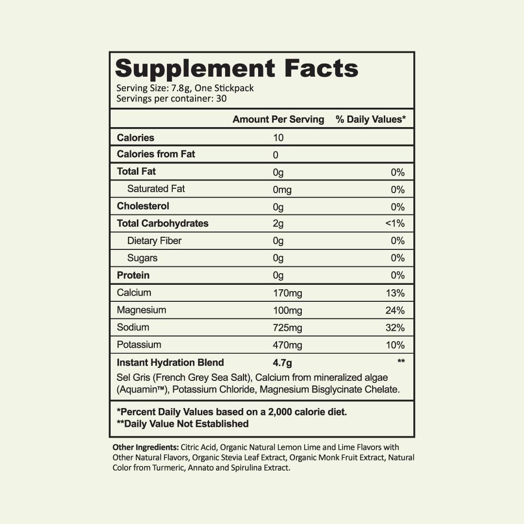 Lemon Lime Electrolyte Powder Packets with Zero Sugar - Keto, Vegan, Gluten-Free - 30 Sticks for Hydration and Recovery