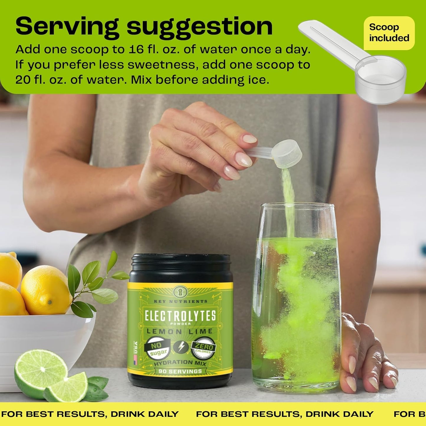 Lemon Lime Electrolyte Powder with Key Nutrients - No Sugar, No Calories - Endurance & Energy Supplement - Hydration Powder - 90 Servings, Made in USA