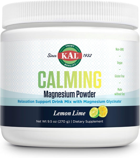 Lemon Lime Flavored KAL Calming Magnesium Powder - Vegan & Gluten-Free Supplement for Relaxation Support - High Absorption, No Added Sugar - 40 Servings, 9.5 oz