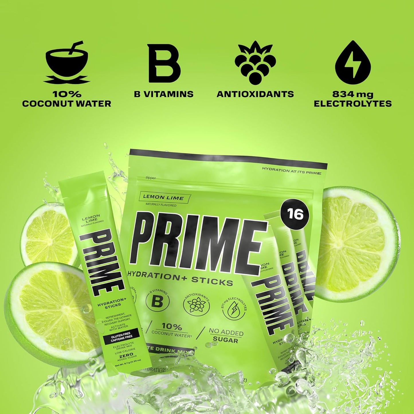 Lemon Lime Hydration Powder Sticks | Electrolyte Single Serve Sticks | Low Sugar & Caffeine-Free | Vegan-Friendly | 16 Sticks