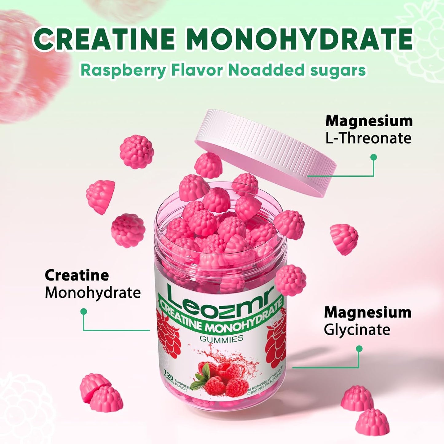 Leozmr Creatine Monohydrate Gummies - Raspberry Flavor, 120 Count, Sugar Free, Vegan, 5g Creatine per Serving - Men & Women's Supplement