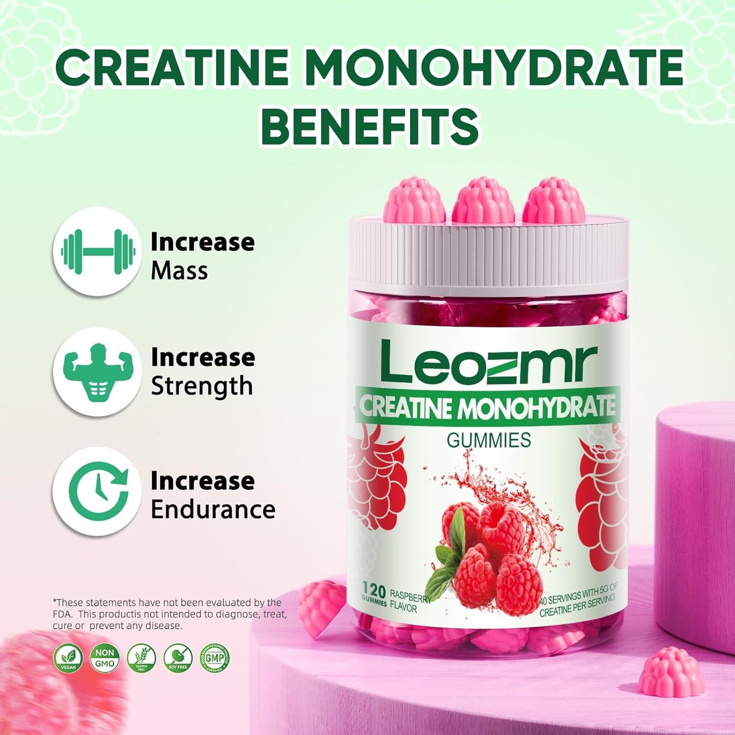 Leozmr Creatine Monohydrate Gummies - Raspberry Flavor, 120 Count, Sugar Free, Vegan, 5g Creatine per Serving - Men & Women's Supplement