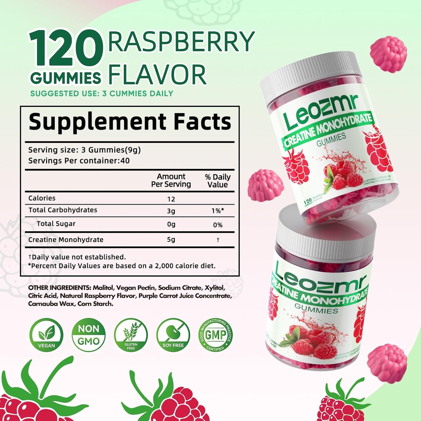 Leozmr Creatine Monohydrate Gummies - Raspberry Flavor, 120 Count, Sugar Free, Vegan, 5g Creatine per Serving - Men & Women's Supplement