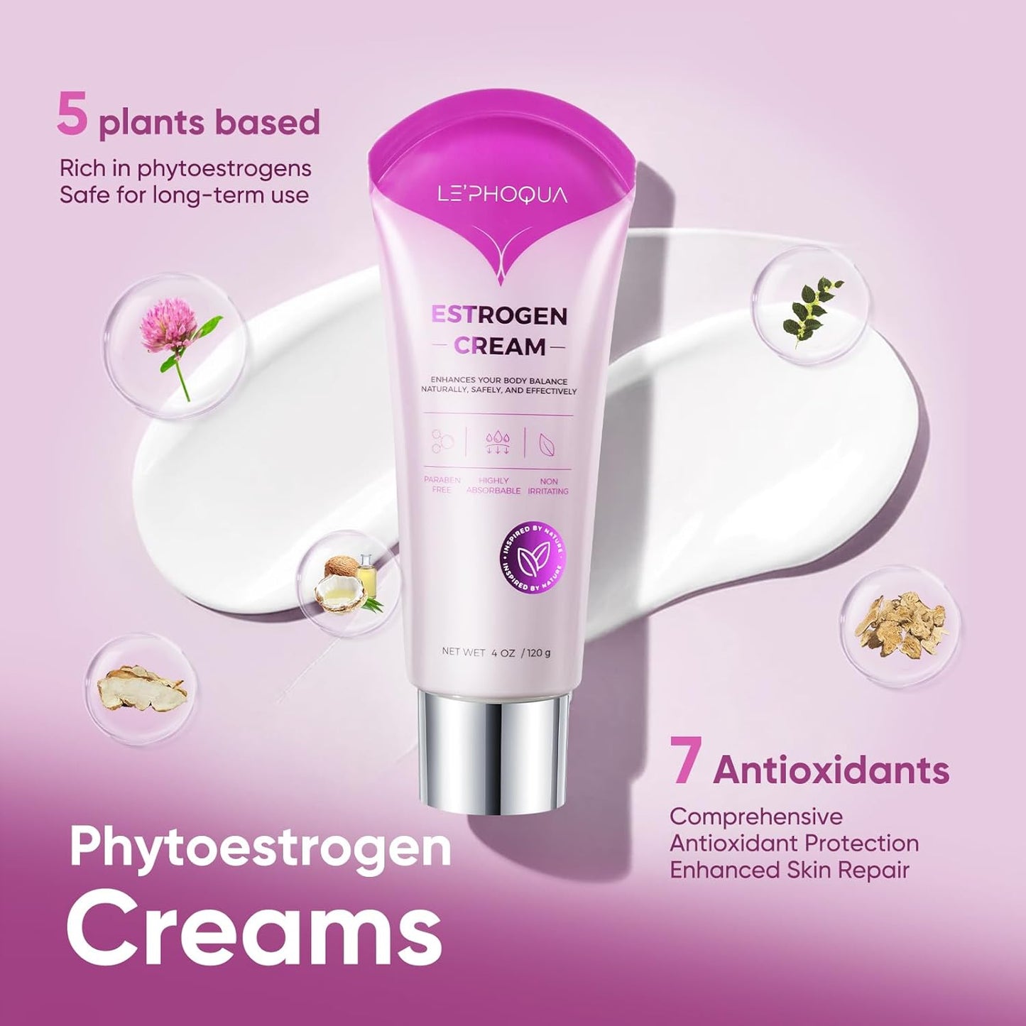 Le’phoqua Natural Bioidentical Estrogen Cream 4 Oz - Menopause Relief & Hormone Balance - Topical Phytoestrogen Cream for Hot Flashes & Support