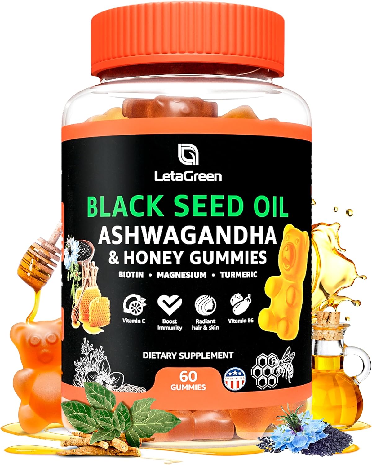 LetaGreen Black Seed Oil Gummies with Biotin, Ashwagandha, ACV, and Superfood Blend - 500mg Seed Oil, 500mcg Biotin, 200mg Ashwagandha, 100mg ACV, and More