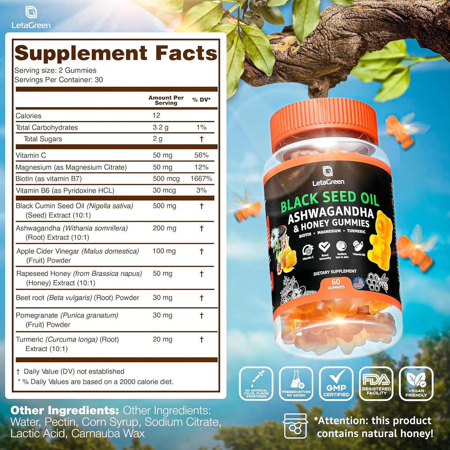 LetaGreen Black Seed Oil Gummies with Biotin, Ashwagandha, ACV, and Superfood Blend - 500mg Seed Oil, 500mcg Biotin, 200mg Ashwagandha, 100mg ACV, and More