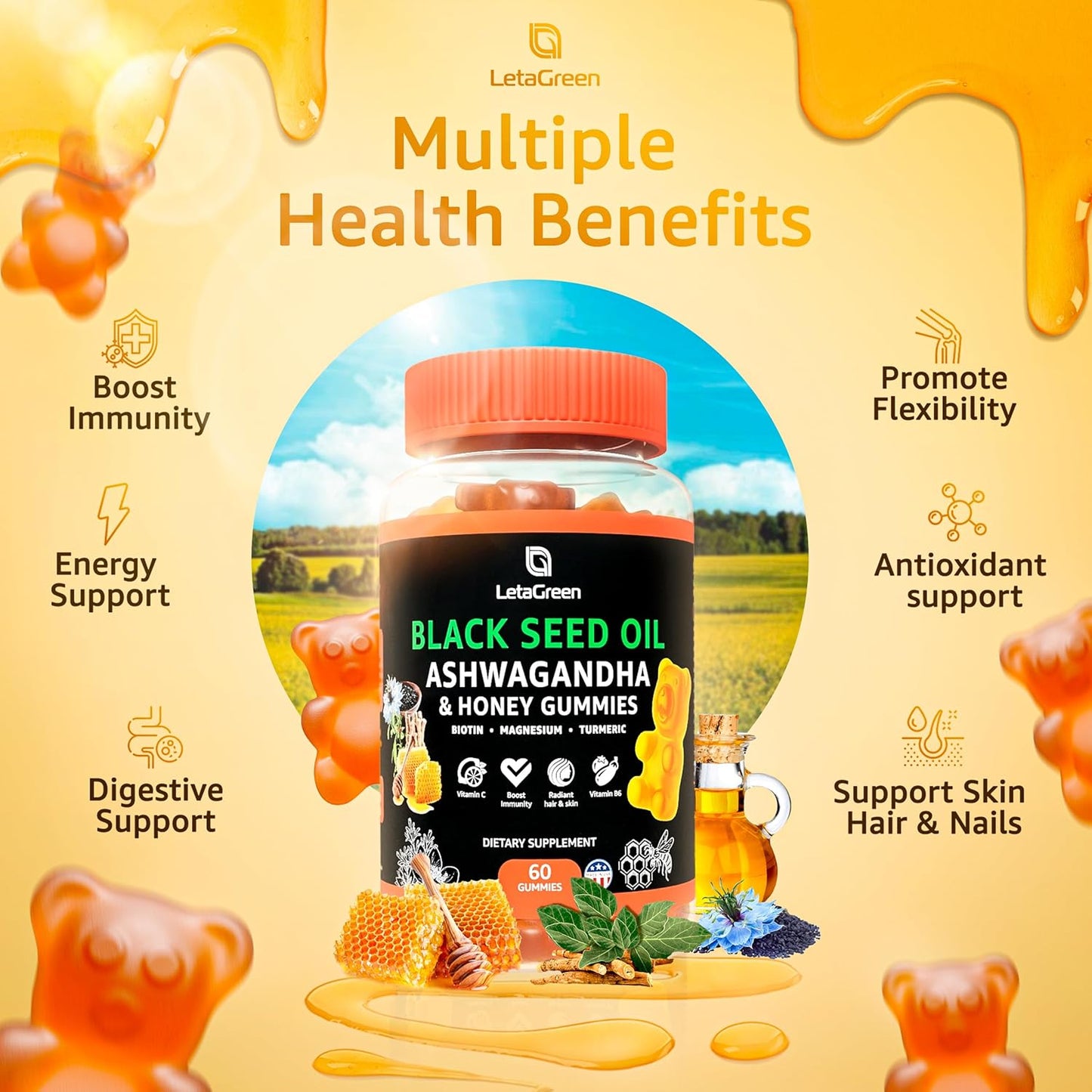 LetaGreen Black Seed Oil Gummies with Biotin, Ashwagandha, ACV, and Superfood Blend - 500mg Seed Oil, 500mcg Biotin, 200mg Ashwagandha, 100mg ACV, and More
