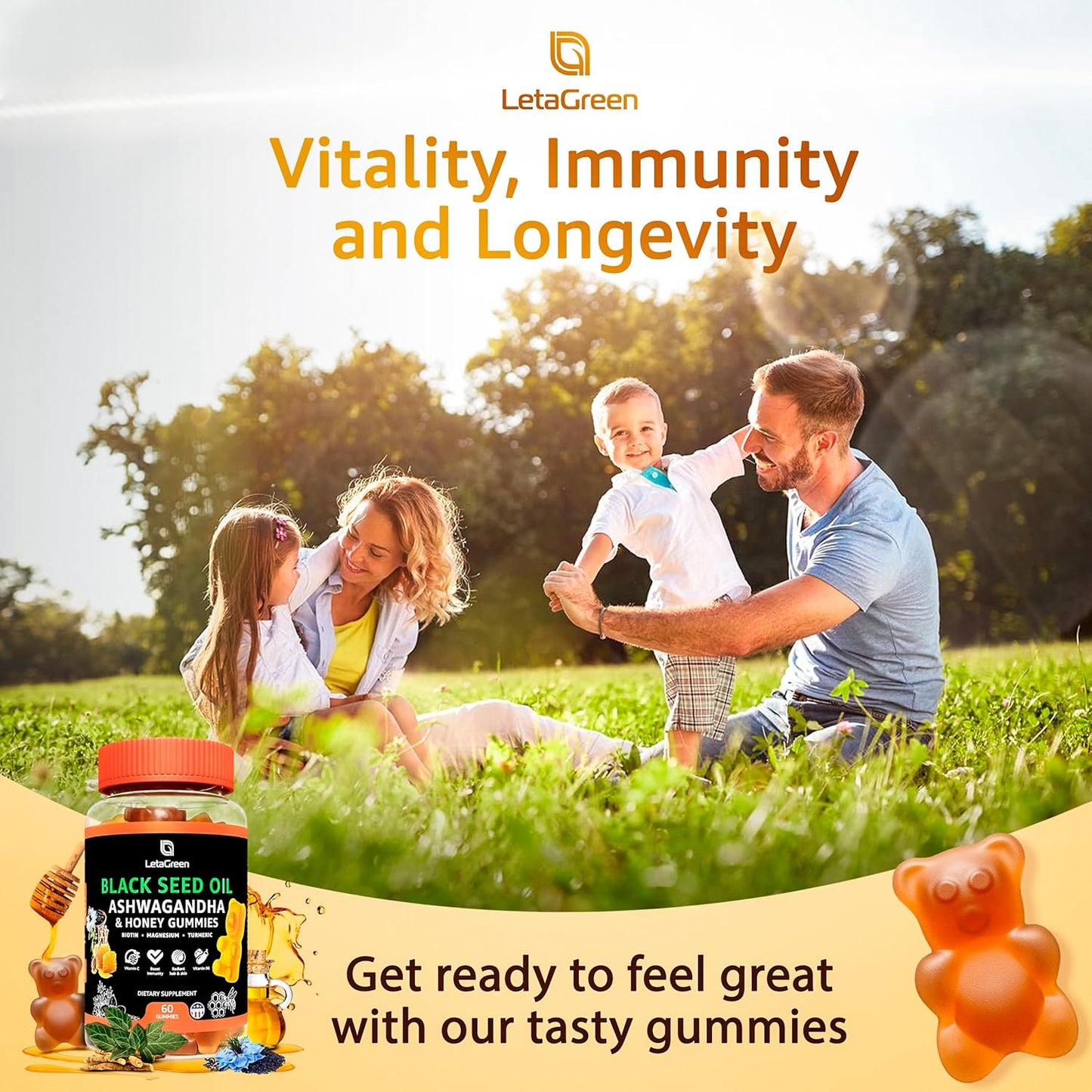 LetaGreen Black Seed Oil Gummies with Biotin, Ashwagandha, ACV, and Superfood Blend - 500mg Seed Oil, 500mcg Biotin, 200mg Ashwagandha, 100mg ACV, and More