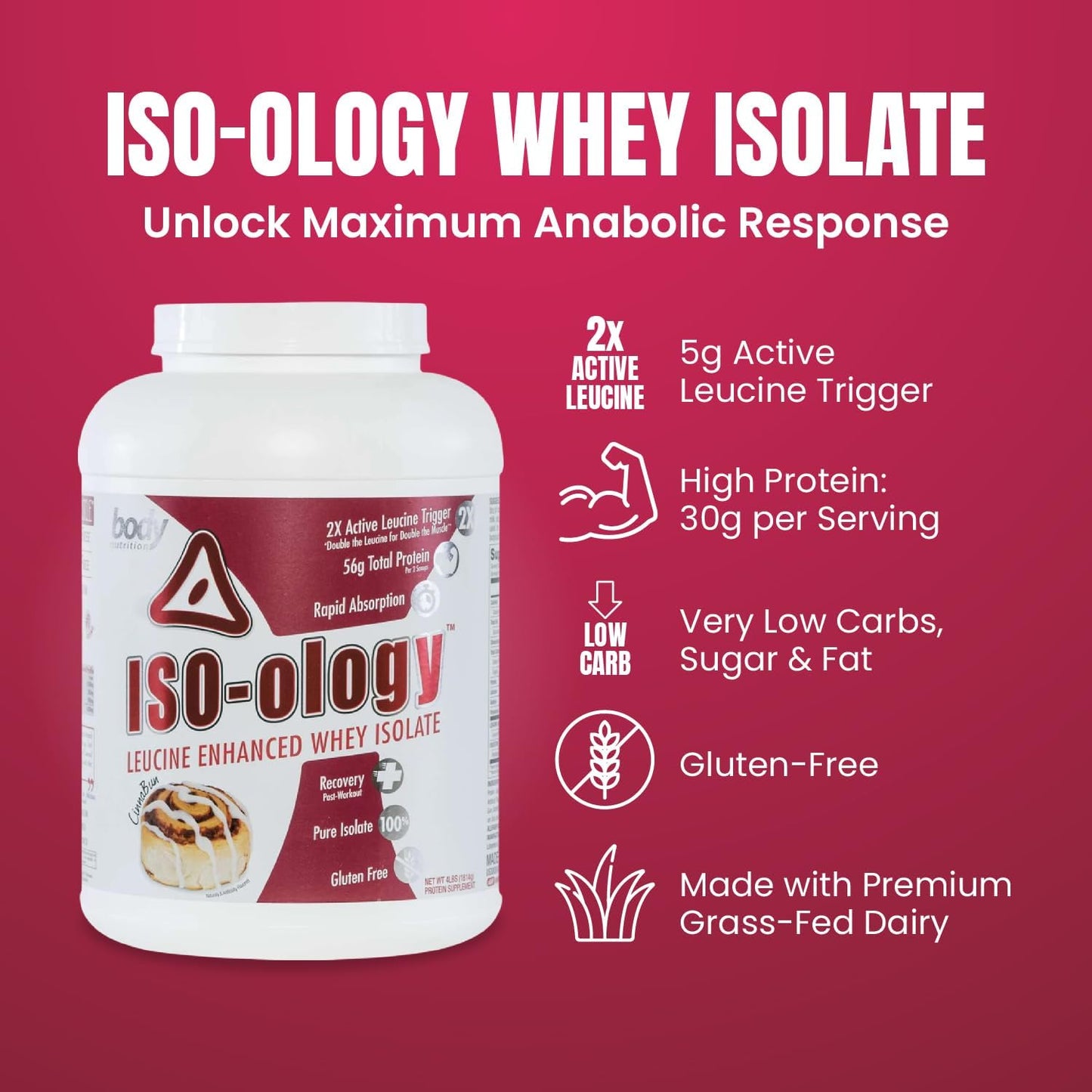 Leucine-Enhanced Grass Fed Whey Isolate Protein Powder for Post-Workout Recovery - Cinnabun Flavor, 4lb