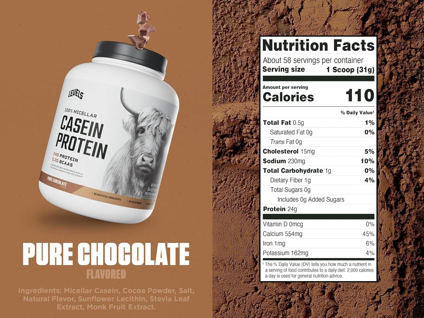 Levels 100% Micellar Casein Protein - Hormone Free Chocolate Flavor - 4LB Size