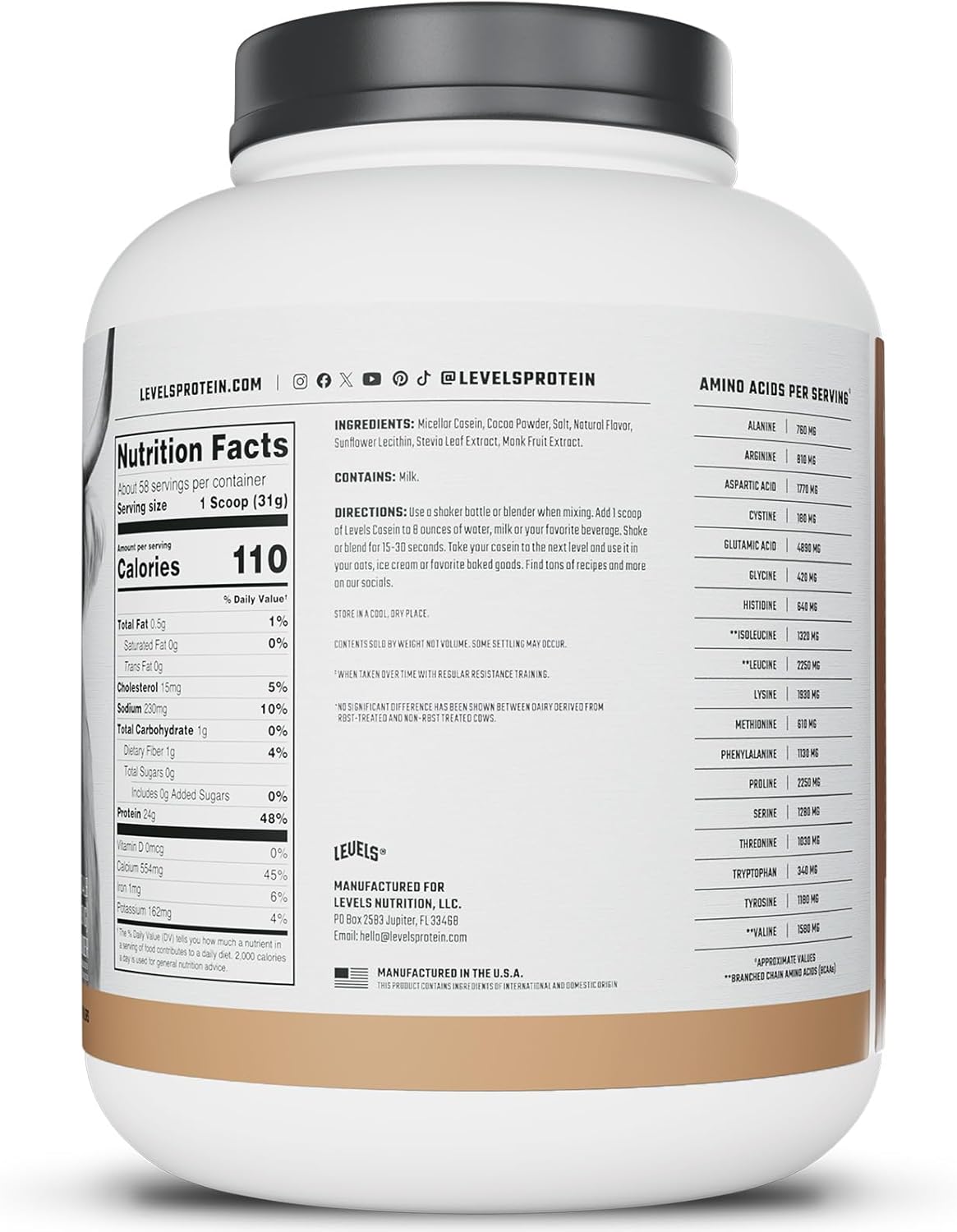 Levels 100% Micellar Casein Protein - Hormone Free Chocolate Flavor - 4LB Size