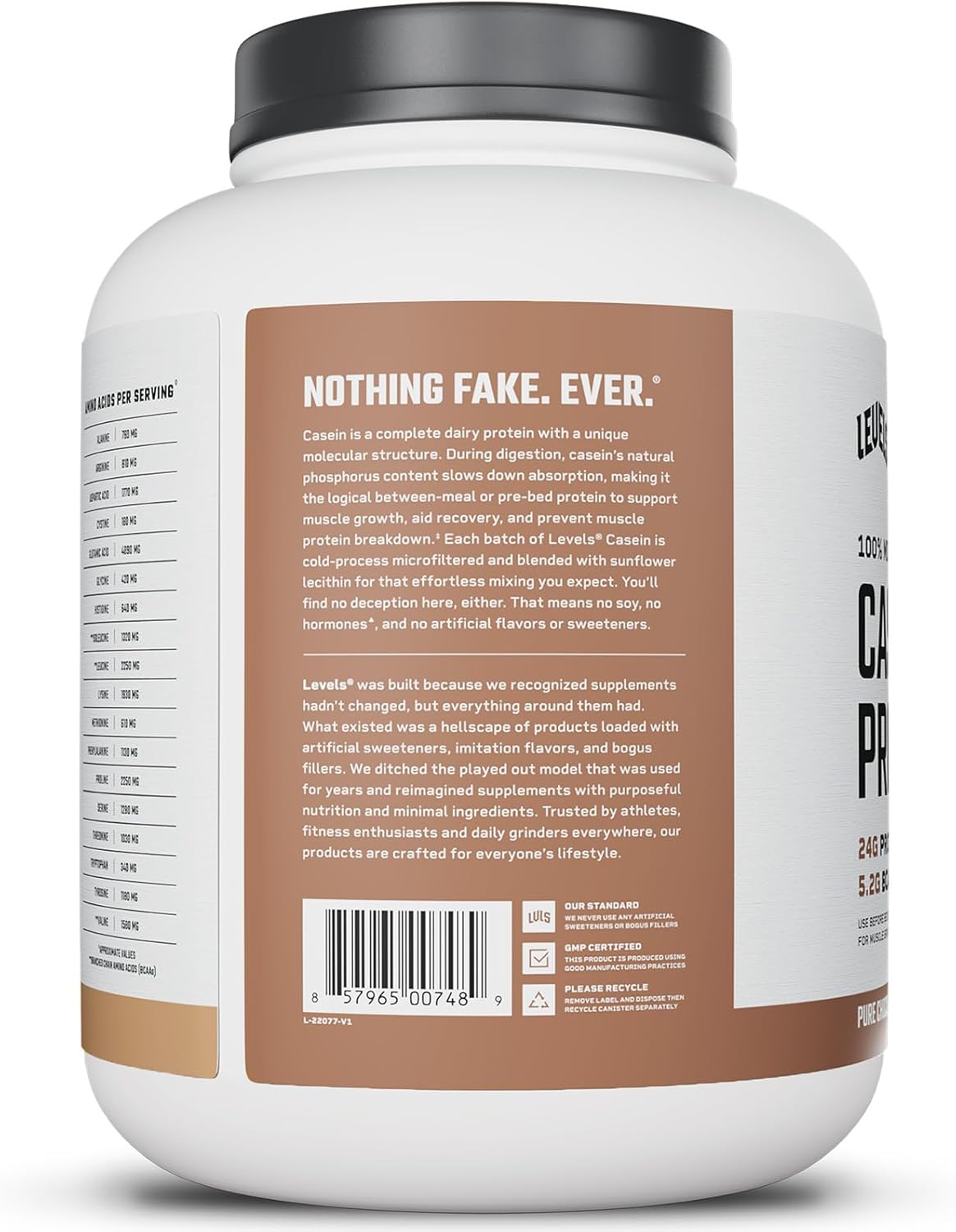 Levels 100% Micellar Casein Protein - Hormone Free Chocolate Flavor - 4LB Size