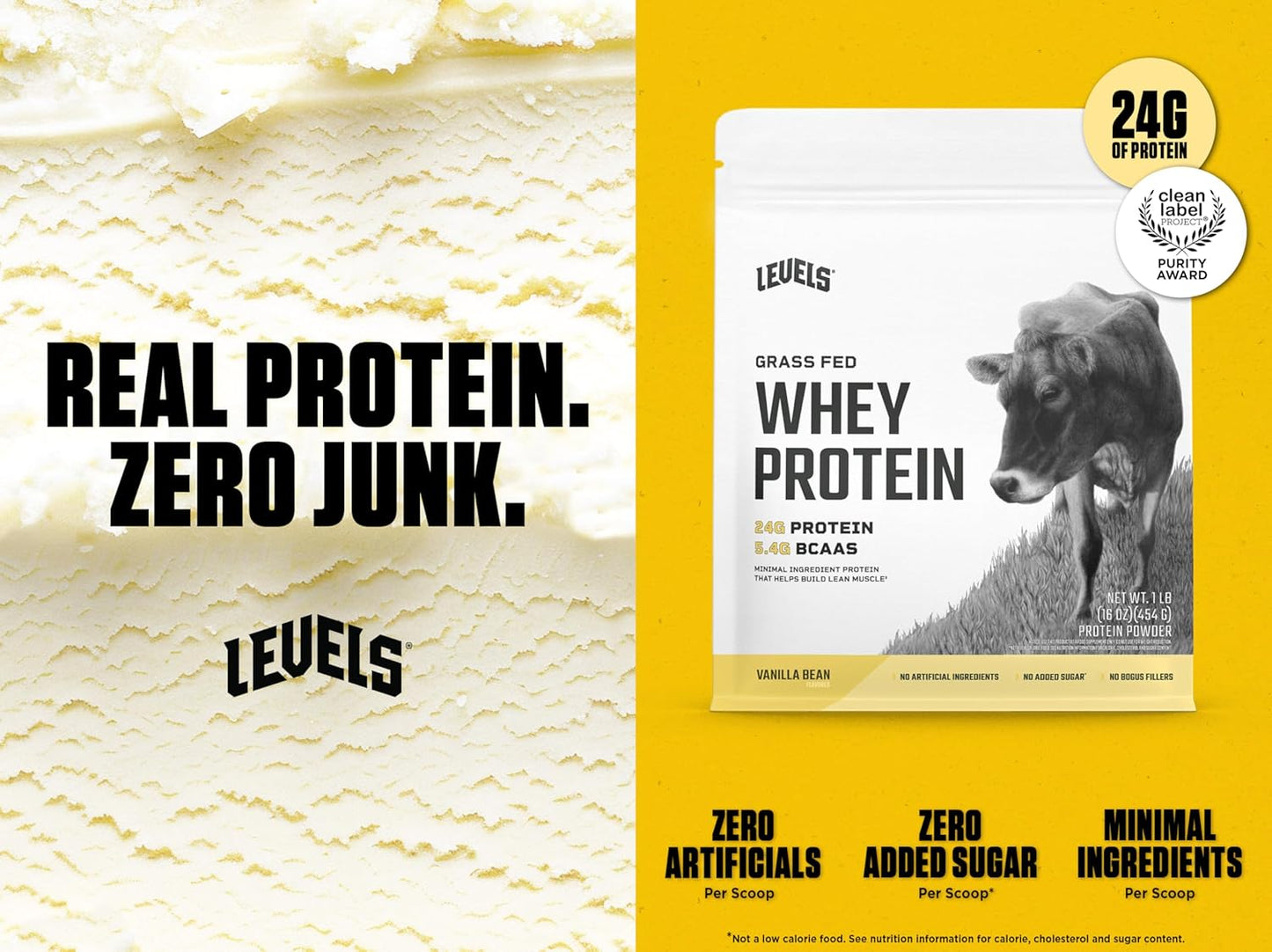 Levels Grass Fed Whey Protein Powder - 24G Protein, Vanilla Bean Flavor, 1LB - No Artificial Ingredients