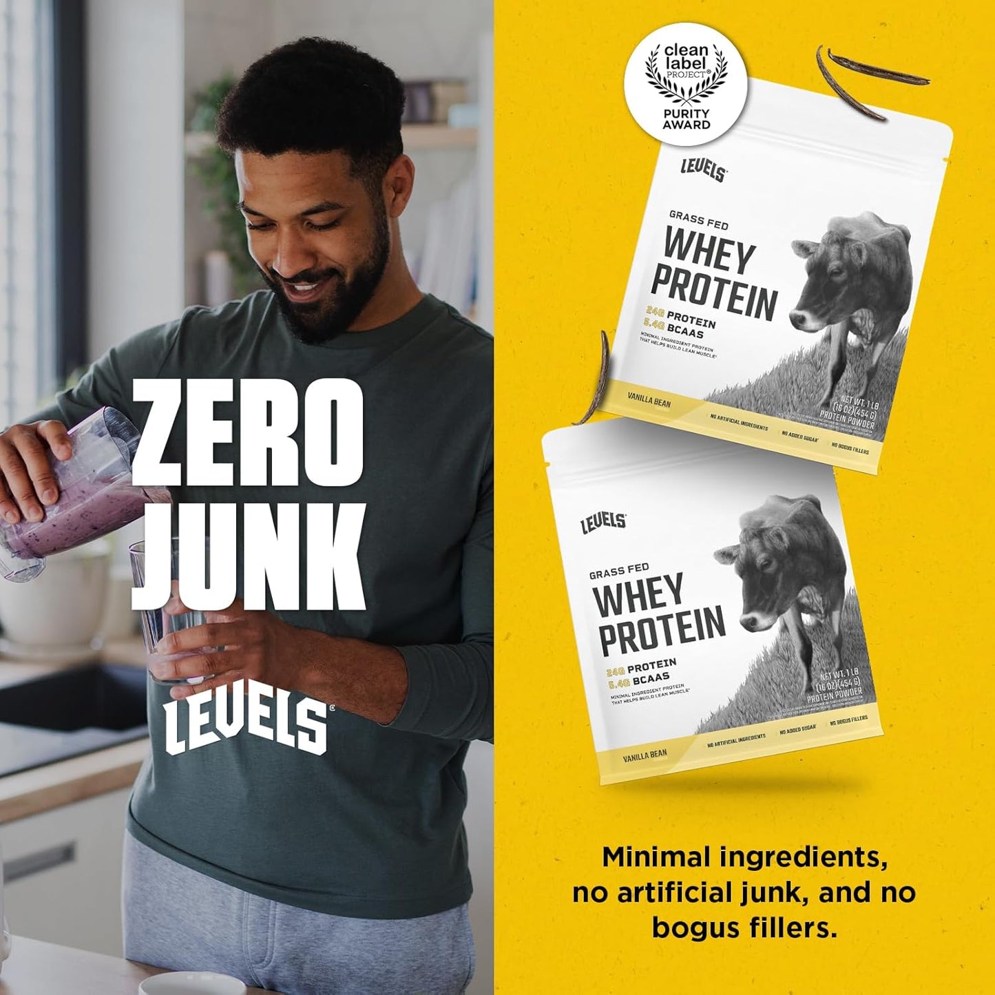 Levels Grass Fed Whey Protein Powder - 24G Protein, Vanilla Bean Flavor, 1LB - No Artificial Ingredients