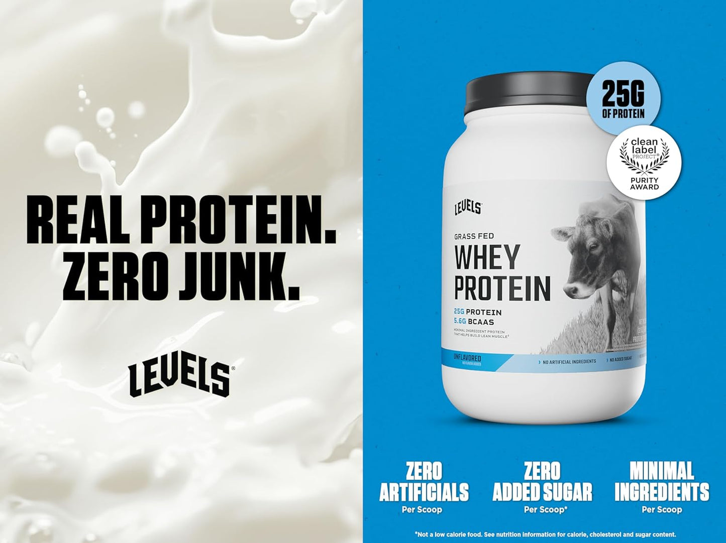 Levels Grass Fed Whey Protein Powder - 25G Protein, Unflavored, 2LB - No Artificial Additives