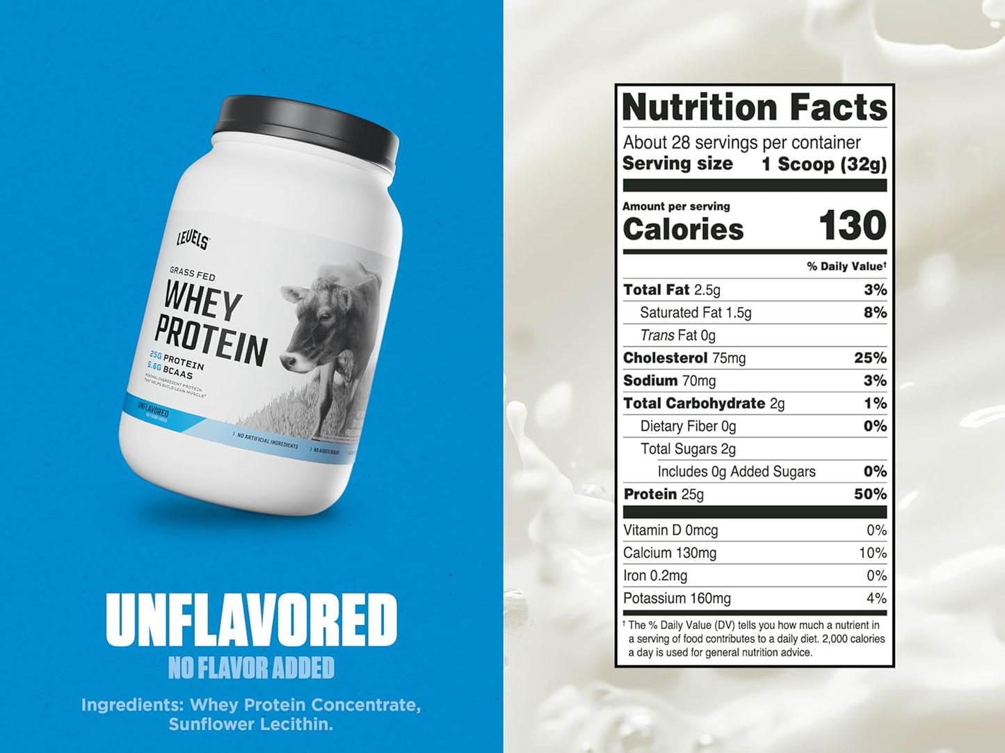 Levels Grass Fed Whey Protein Powder - 25G Protein, Unflavored, 2LB - No Artificial Additives