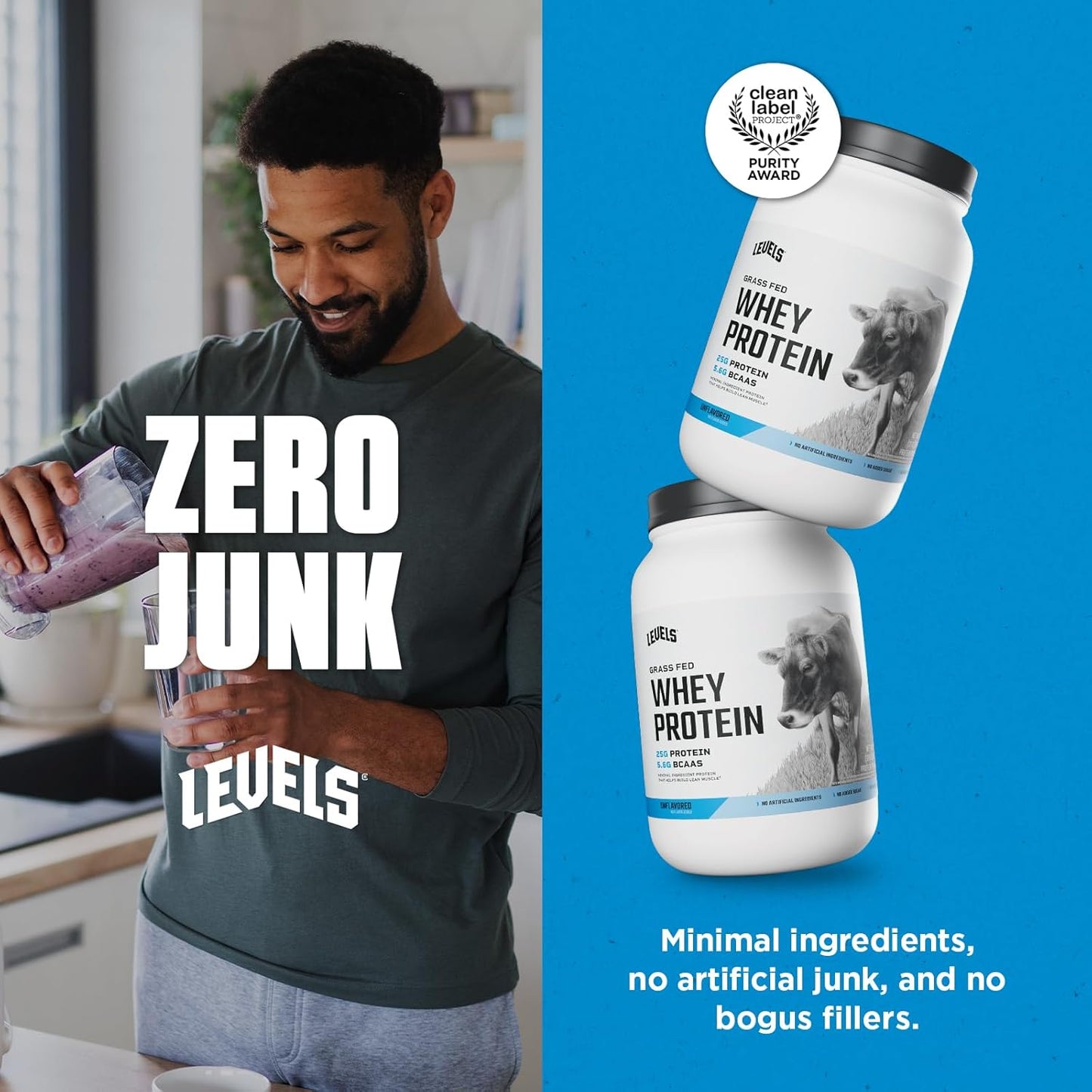 Levels Grass Fed Whey Protein Powder - 25G Protein, Unflavored, 2LB - No Artificial Additives