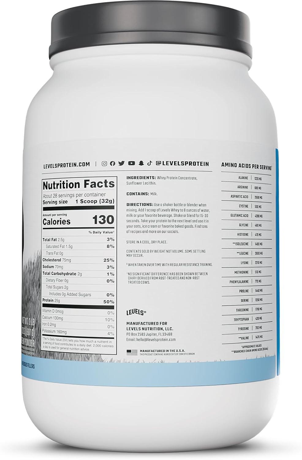 Levels Grass Fed Whey Protein Powder - 25G Protein, Unflavored, 2LB - No Artificial Additives