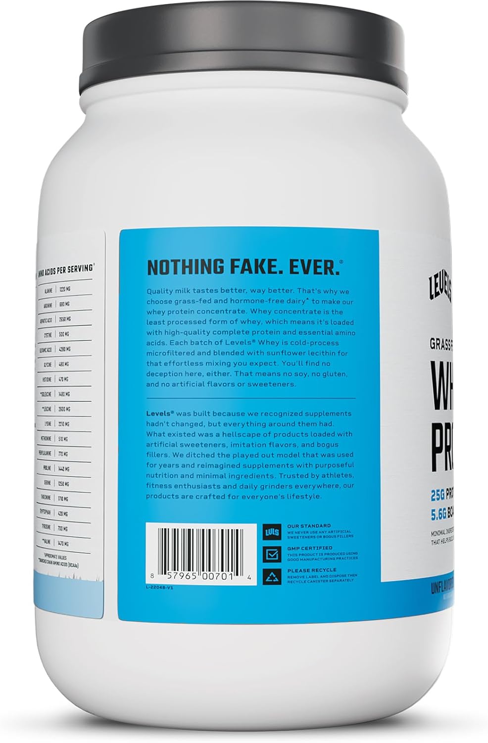 Levels Grass Fed Whey Protein Powder - 25G Protein, Unflavored, 2LB - No Artificial Additives