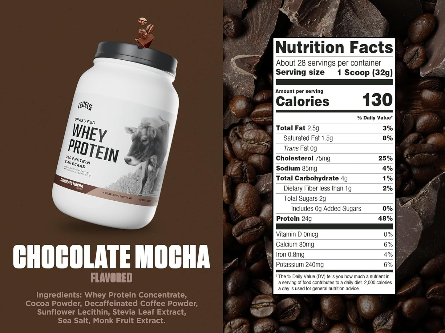 Levels Grass Fed Whey Protein Powder - Chocolate Mocha Flavor, 2LB, 24G Protein, No Artificial Ingredients