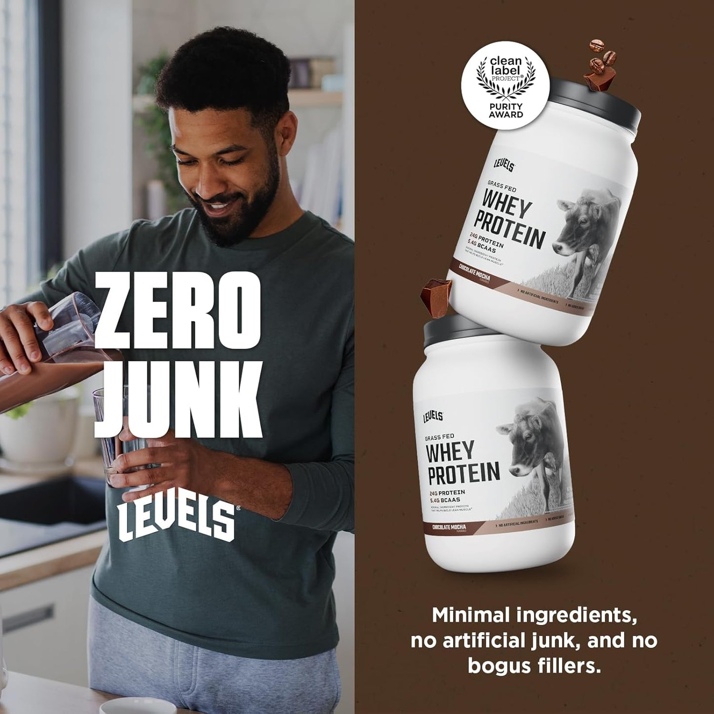 Levels Grass Fed Whey Protein Powder - Chocolate Mocha Flavor, 2LB, 24G Protein, No Artificial Ingredients