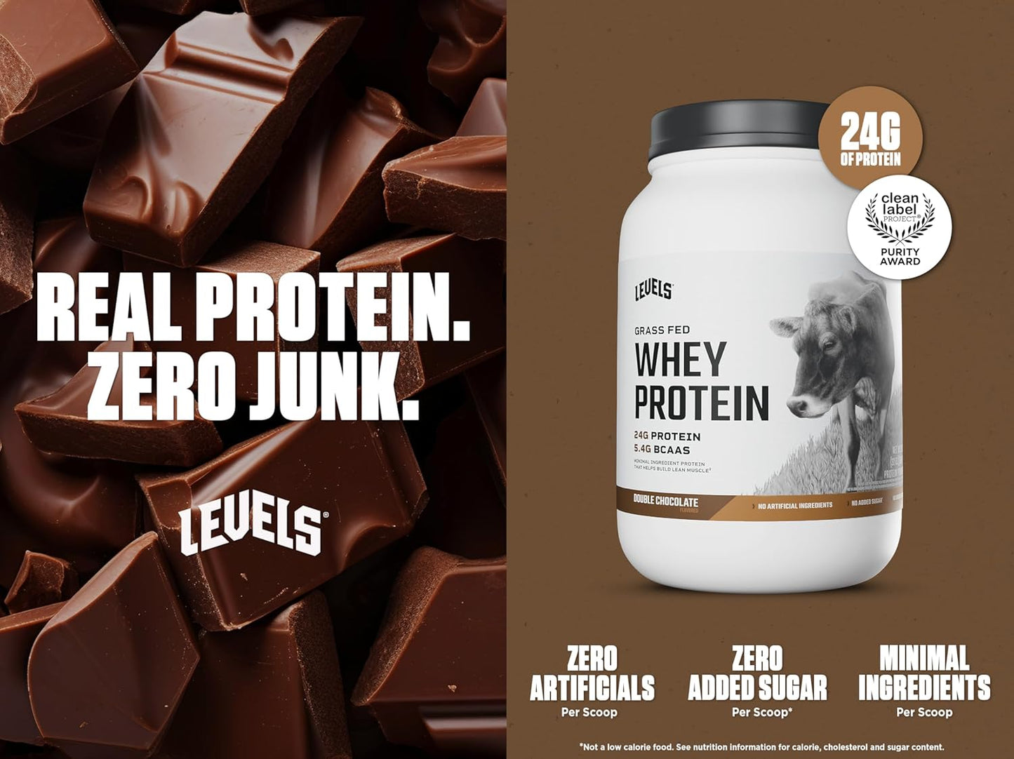 Levels Grass Fed Whey Protein Powder - Double Chocolate, 2LB - 24G Protein, No Artificial Ingredients