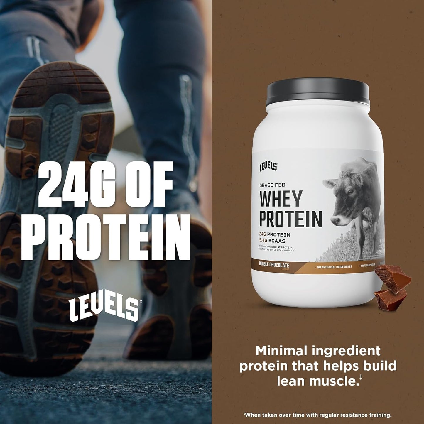 Levels Grass Fed Whey Protein Powder - Double Chocolate, 2LB - 24G Protein, No Artificial Ingredients