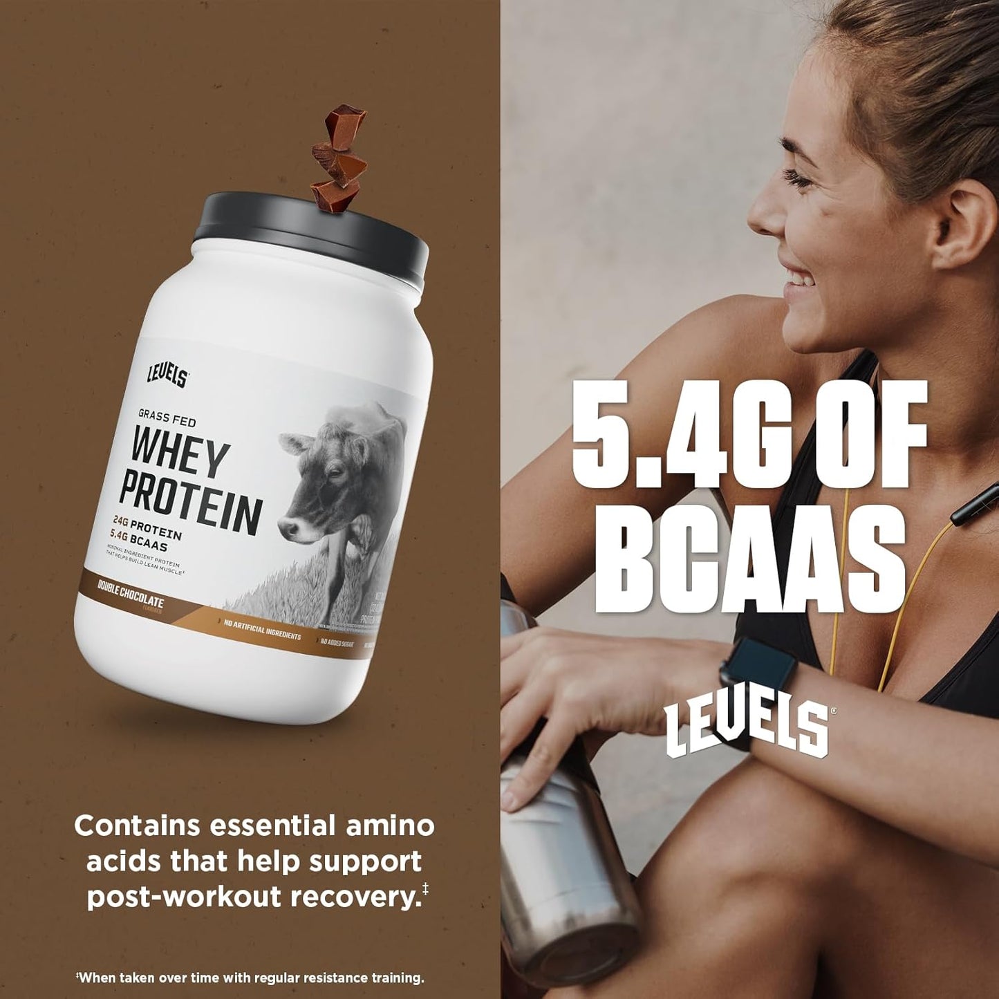 Levels Grass Fed Whey Protein Powder - Double Chocolate, 2LB - 24G Protein, No Artificial Ingredients