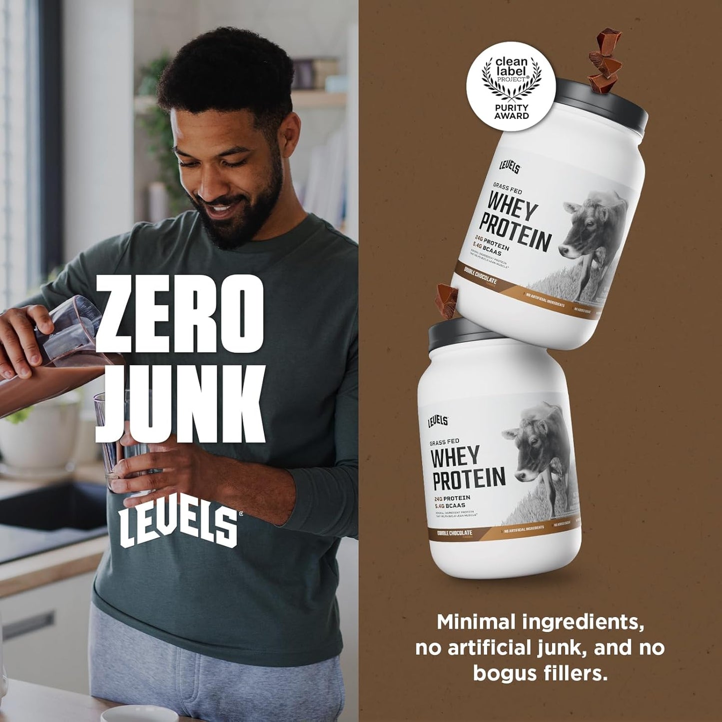 Levels Grass Fed Whey Protein Powder - Double Chocolate, 2LB - 24G Protein, No Artificial Ingredients