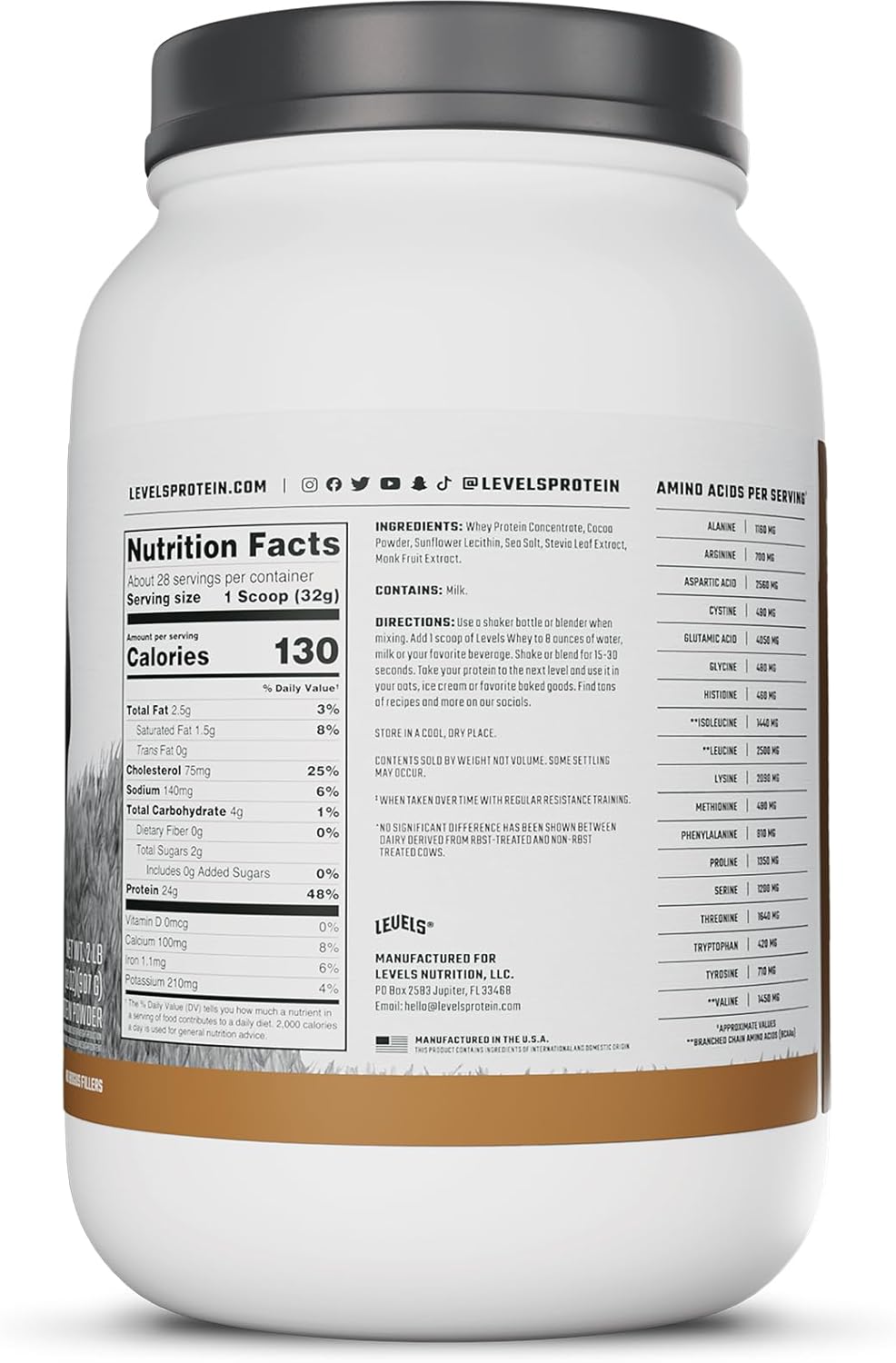 Levels Grass Fed Whey Protein Powder - Double Chocolate, 2LB - 24G Protein, No Artificial Ingredients
