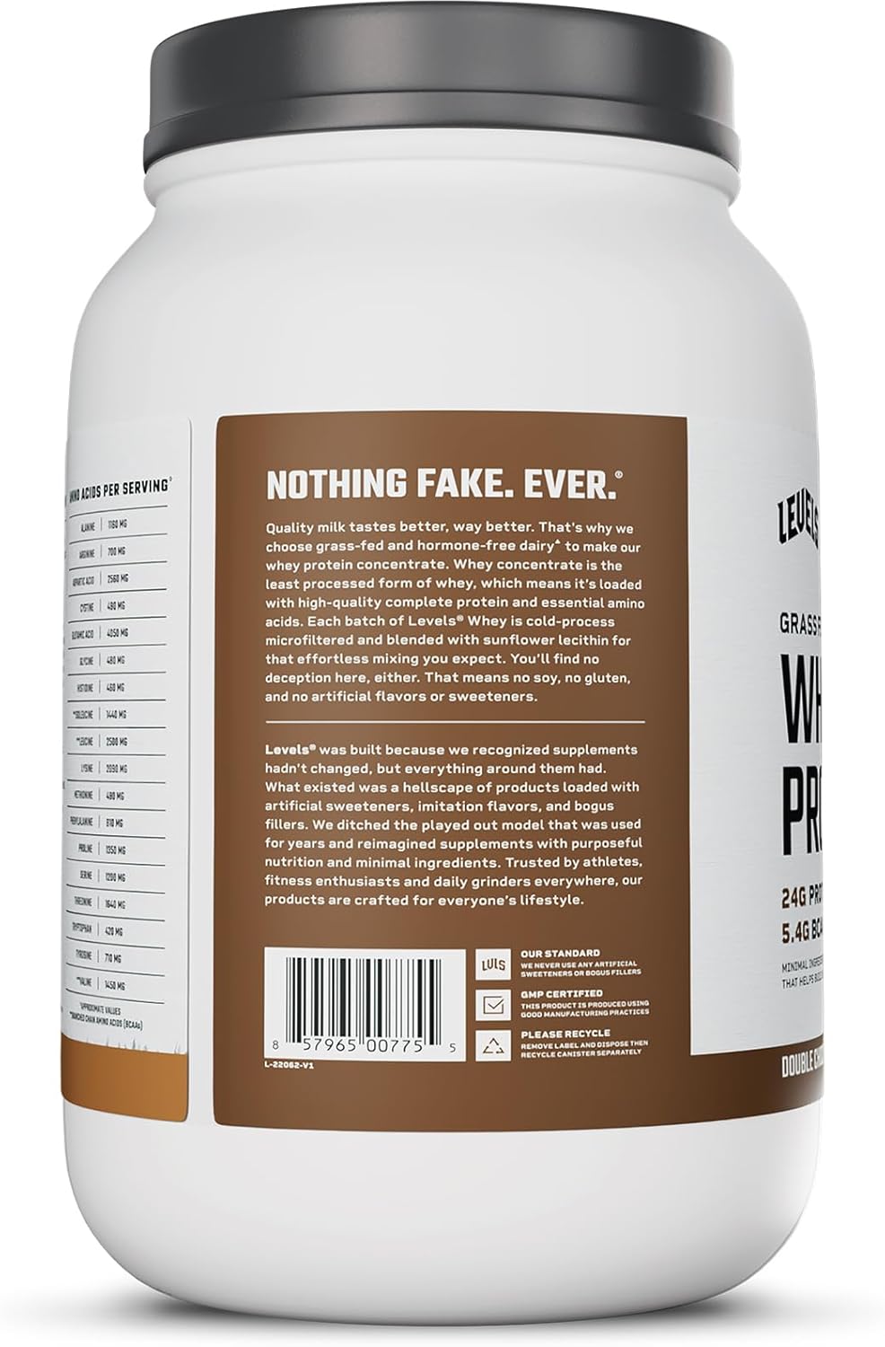 Levels Grass Fed Whey Protein Powder - Double Chocolate, 2LB - 24G Protein, No Artificial Ingredients