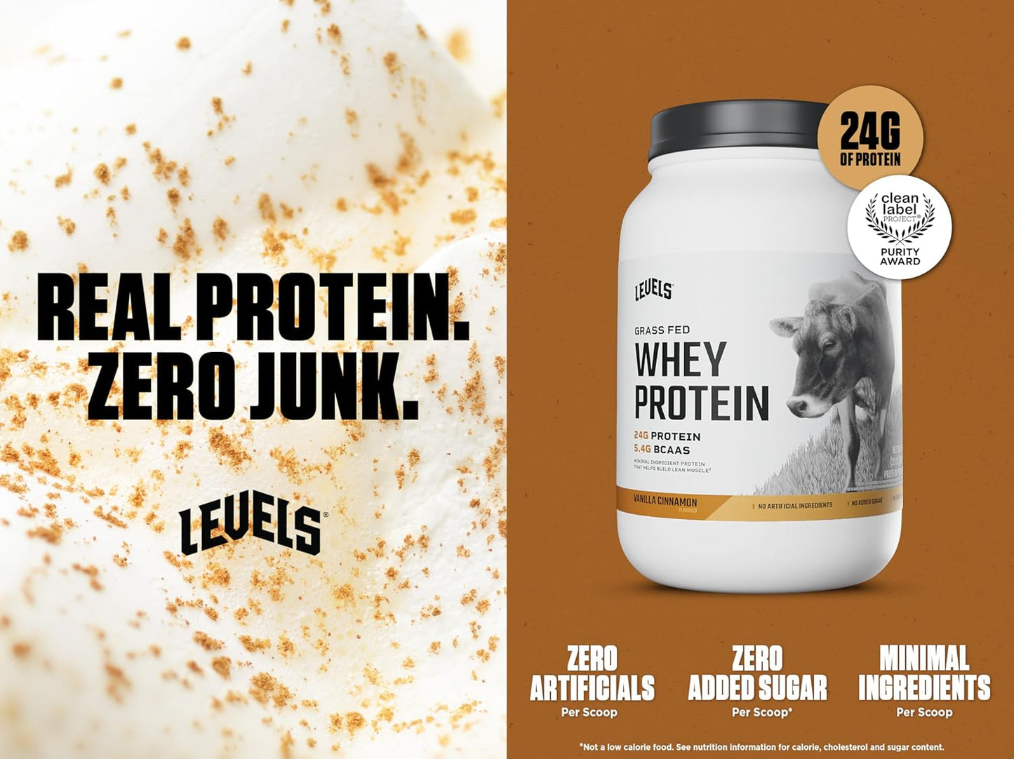 Levels Grass Fed Whey Protein Powder - Vanilla Cinnamon Flavor, 24G Protein, 2LB - No Artificial Ingredients
