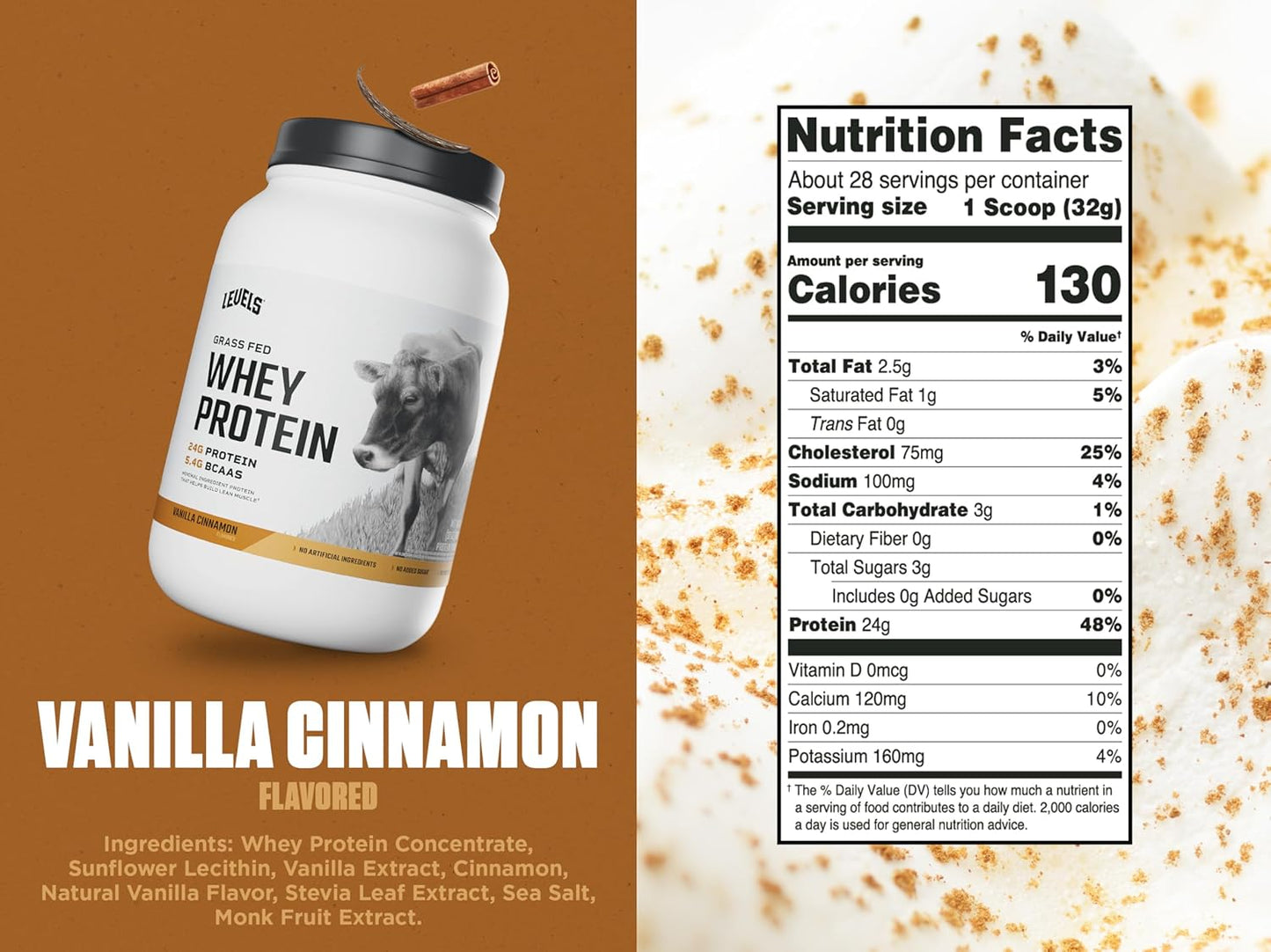 Levels Grass Fed Whey Protein Powder - Vanilla Cinnamon Flavor, 24G Protein, 2LB - No Artificial Ingredients