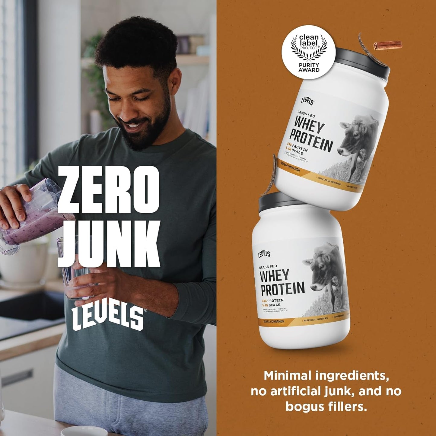 Levels Grass Fed Whey Protein Powder - Vanilla Cinnamon Flavor, 24G Protein, 2LB - No Artificial Ingredients