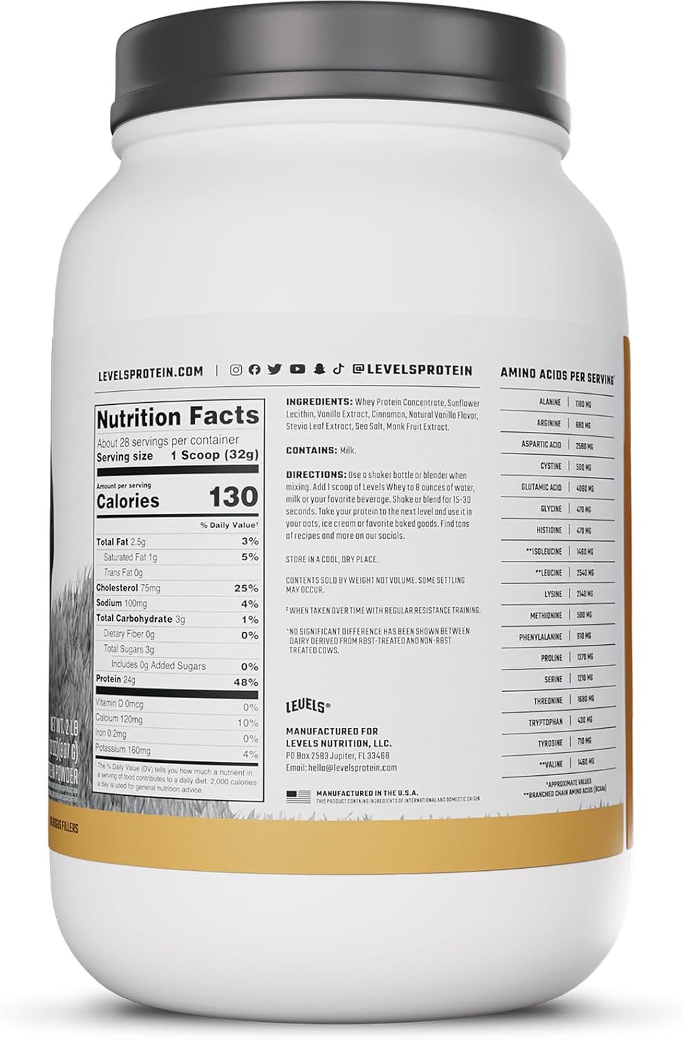 Levels Grass Fed Whey Protein Powder - Vanilla Cinnamon Flavor, 24G Protein, 2LB - No Artificial Ingredients