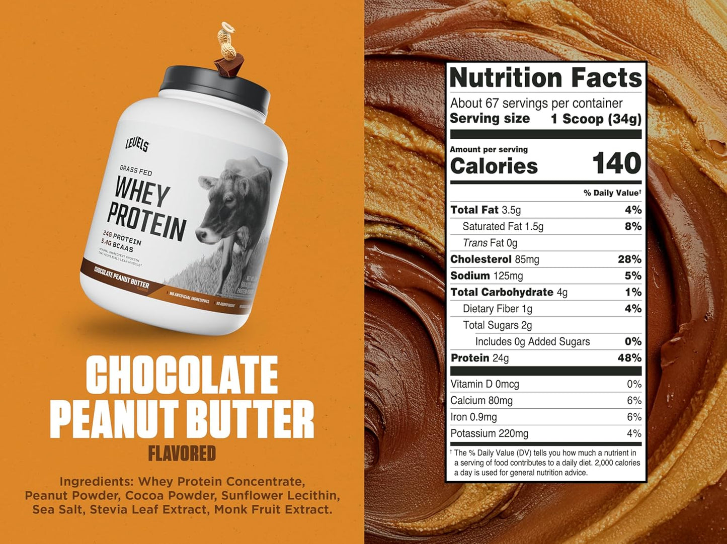 Levels Grass Fed Whey Protein Powder Chocolate Peanut Butter 5LB - 24G Protein, No Artificial Ingredients