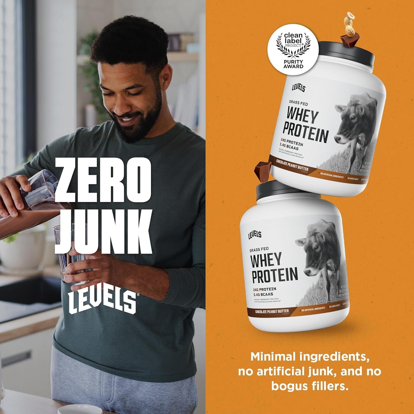 Levels Grass Fed Whey Protein Powder Chocolate Peanut Butter 5LB - 24G Protein, No Artificial Ingredients
