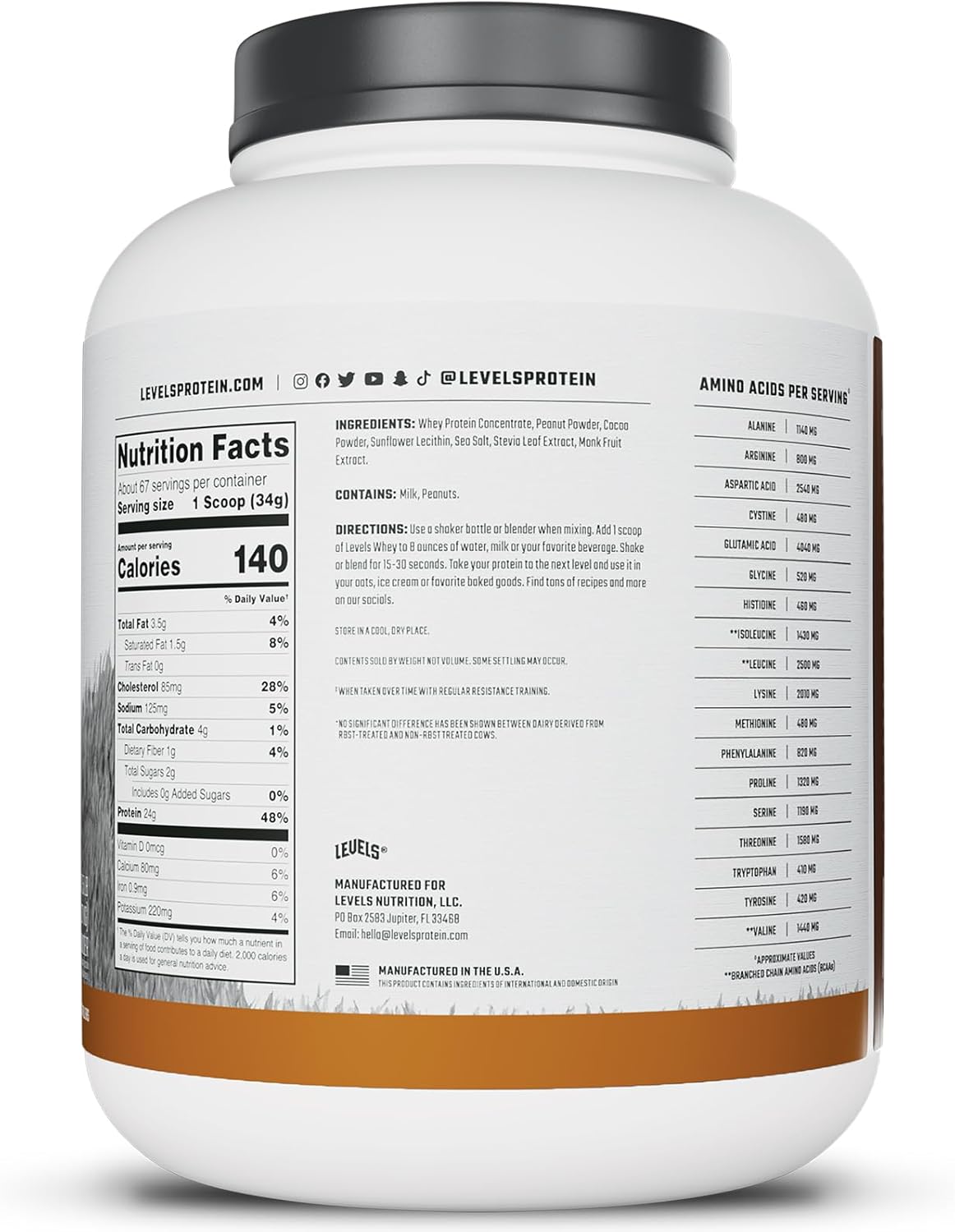 Levels Grass Fed Whey Protein Powder Chocolate Peanut Butter 5LB - 24G Protein, No Artificial Ingredients