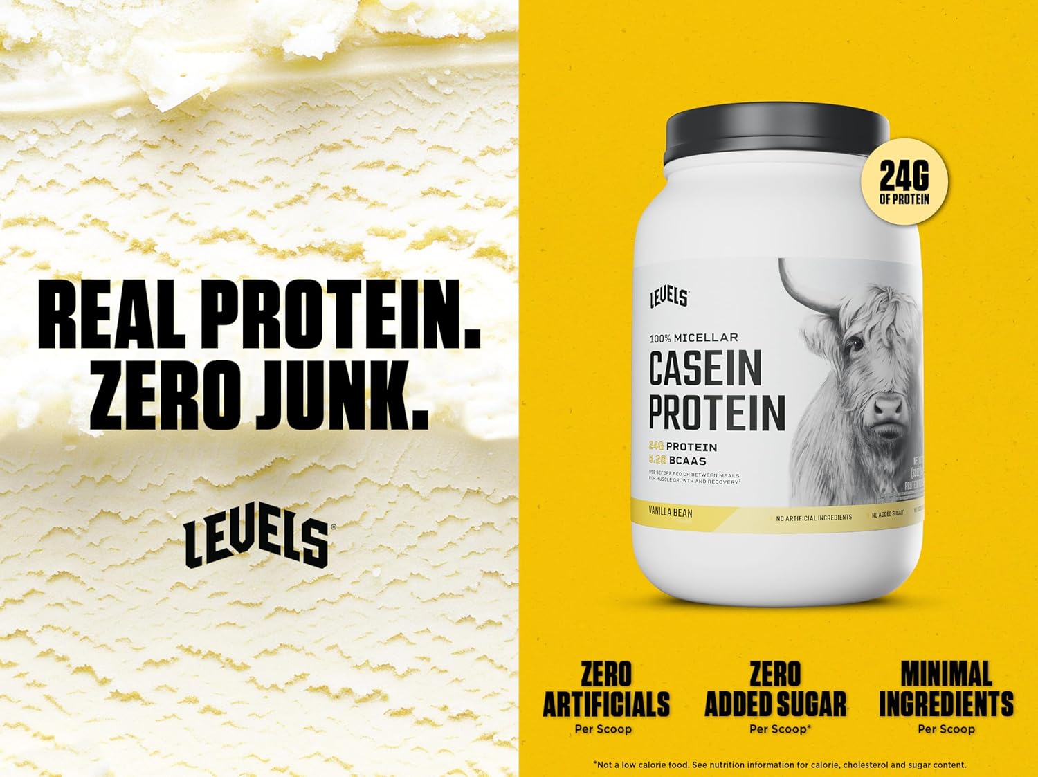 Levels Nutrition 100% Micellar Casein Protein Powder - Vanilla Bean Flavor, 2LB - Hormone Free Formula
