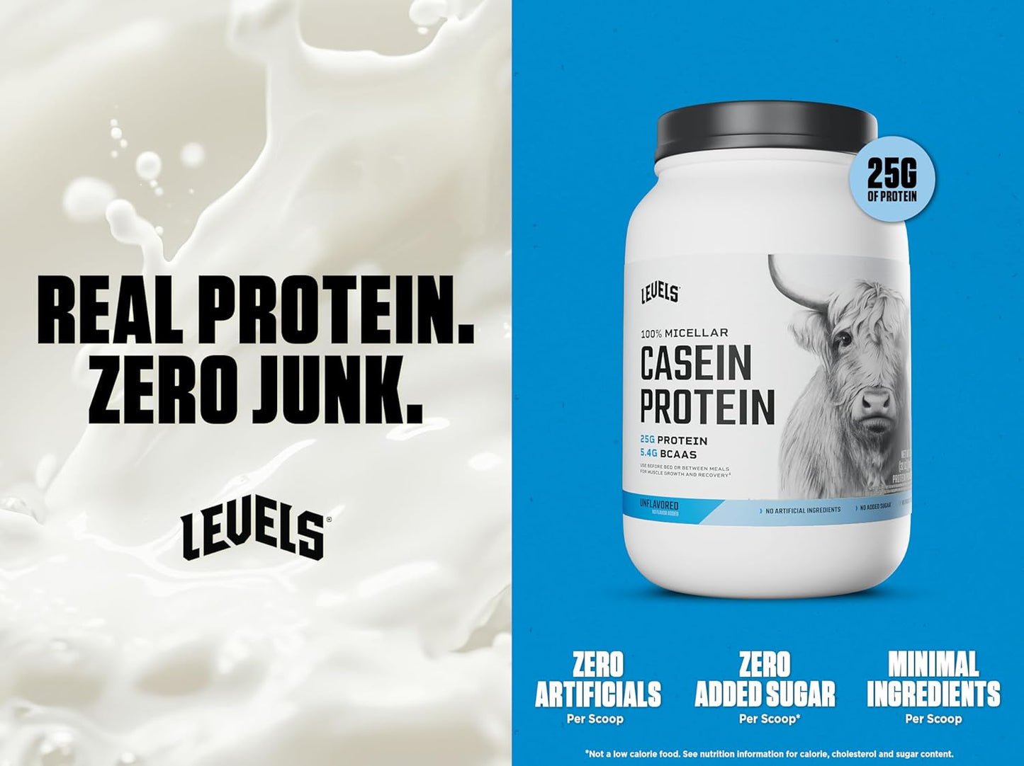 Levels Nutrition 100% Micellar Casein Protein Powder - Hormone Free & Unflavored - 2LB Size