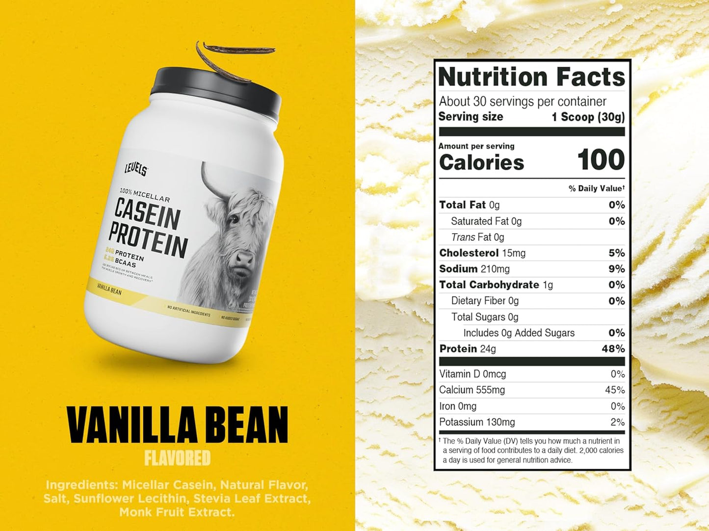 Levels Nutrition 100% Micellar Casein Protein Powder - Vanilla Bean Flavor, 2LB - Hormone Free Formula